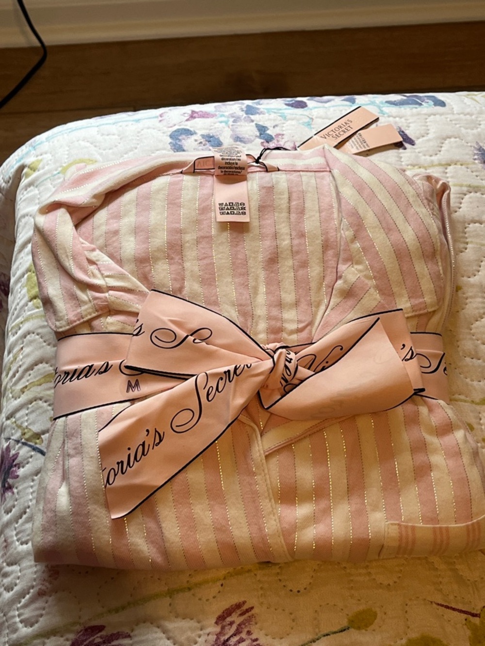 Victoria's Secret Pink & Cream Striped Metallic-Thread Pajama Set